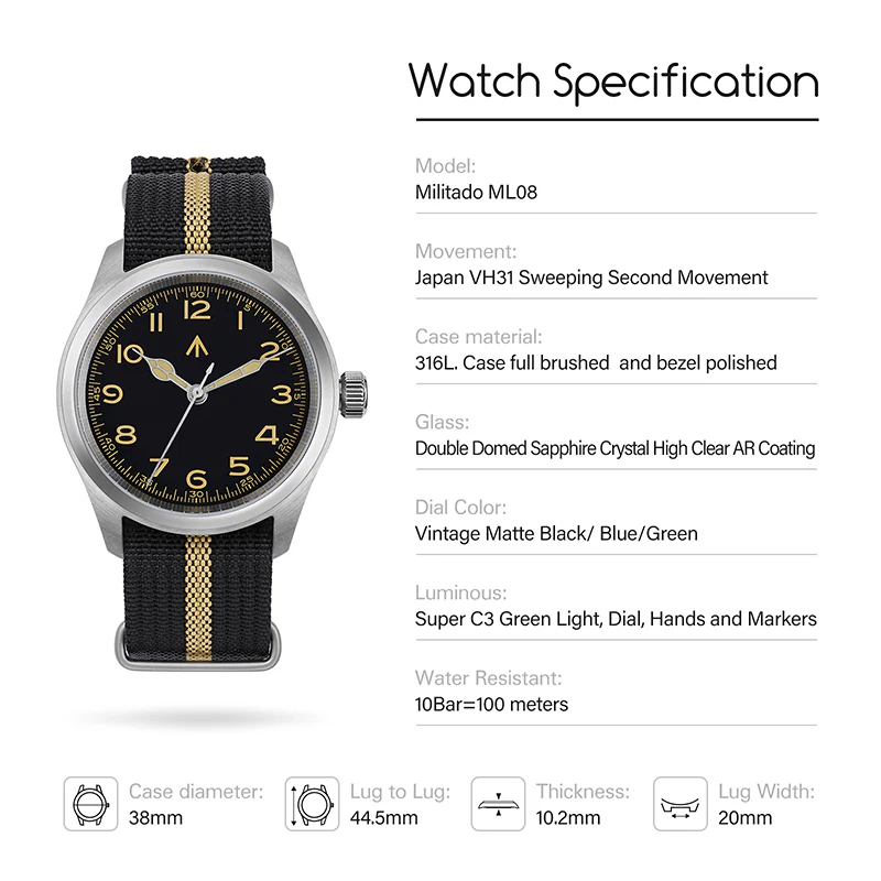 Militado VH31 38mm Field Watch ML08 - Image 11