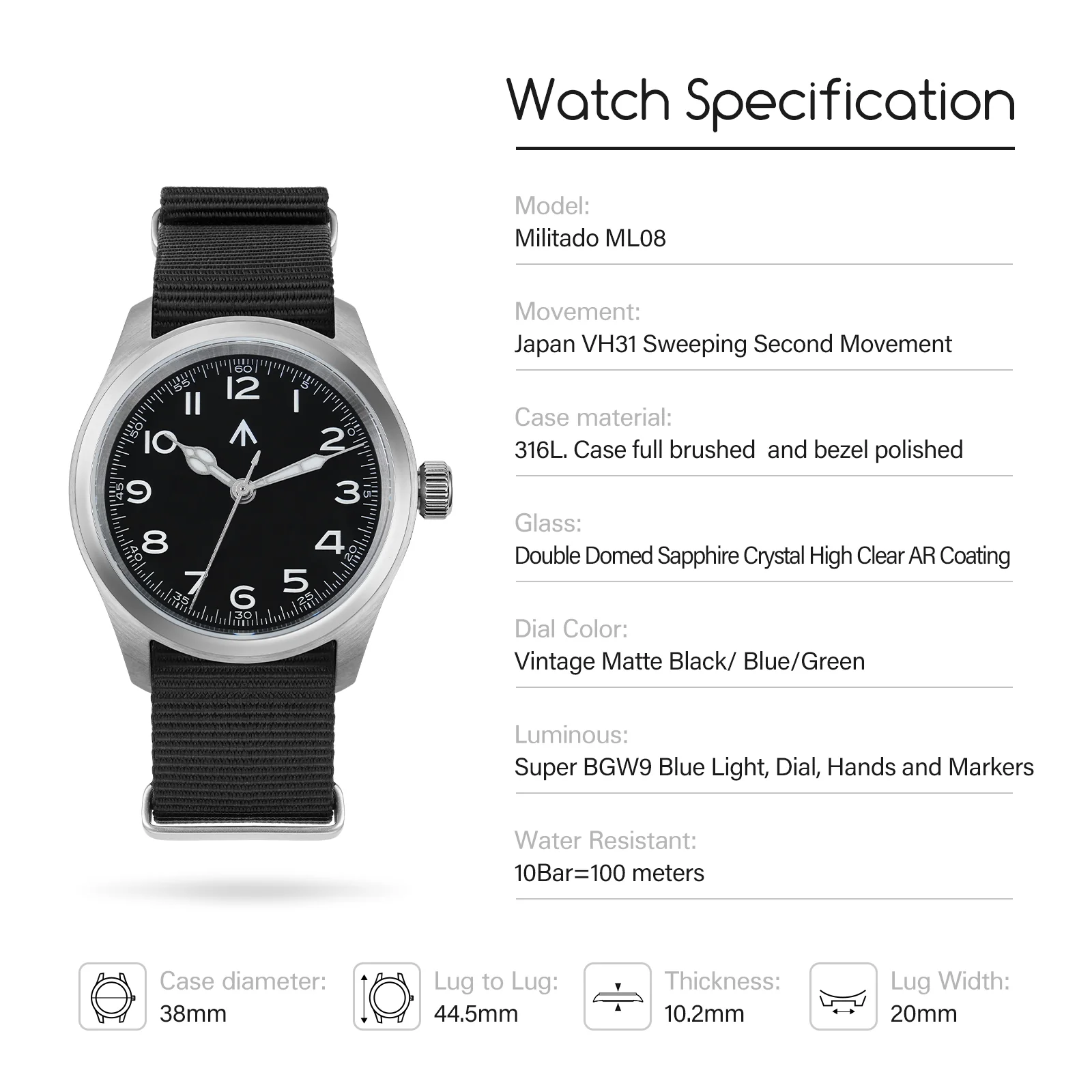 Militado VH31 38mm Field Watch ML08 - Image 12