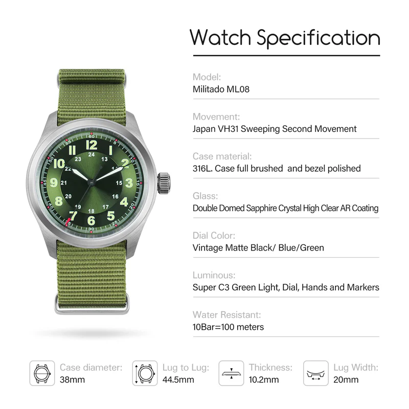 Militado VH31 38mm Field Watch ML08 - Image 13