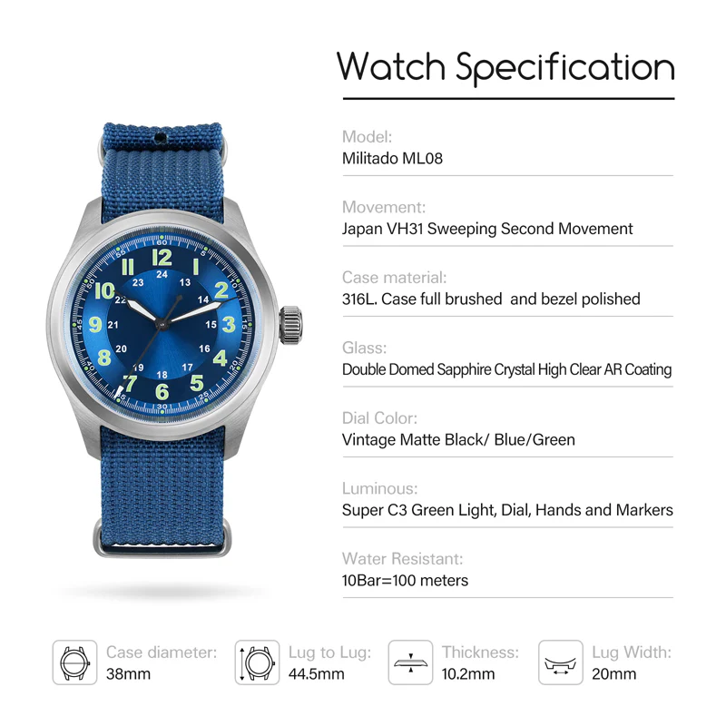 Militado VH31 38mm Field Watch ML08 - Image 14