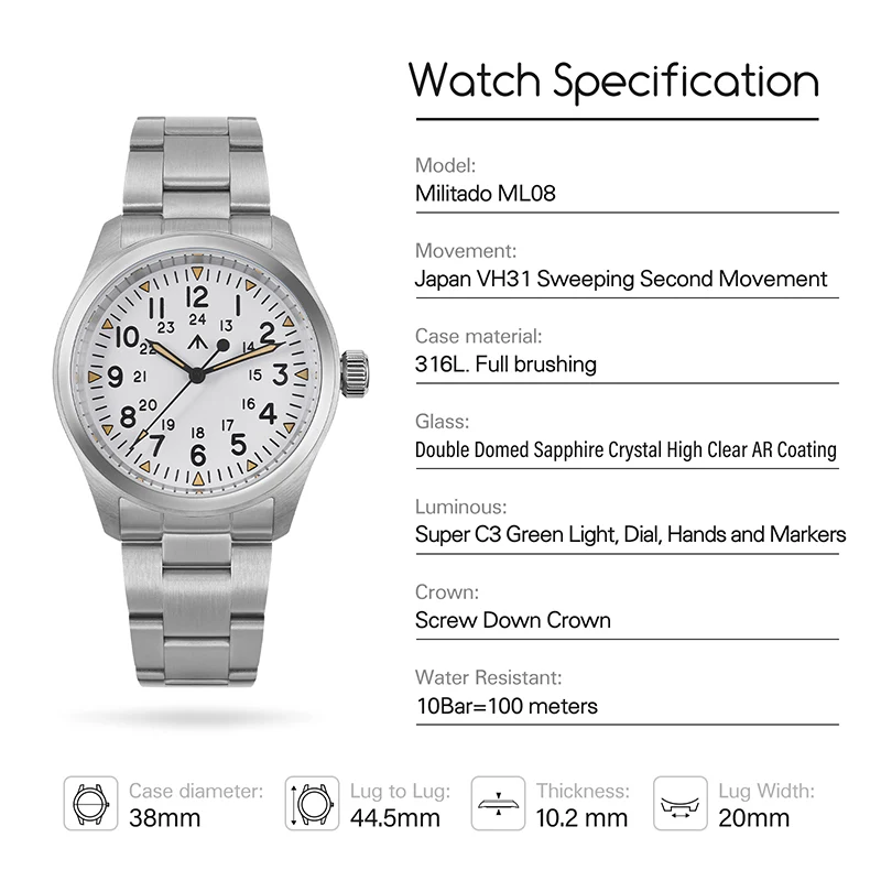 Militado VH31 38mm Field Watch ML08 - Image 71