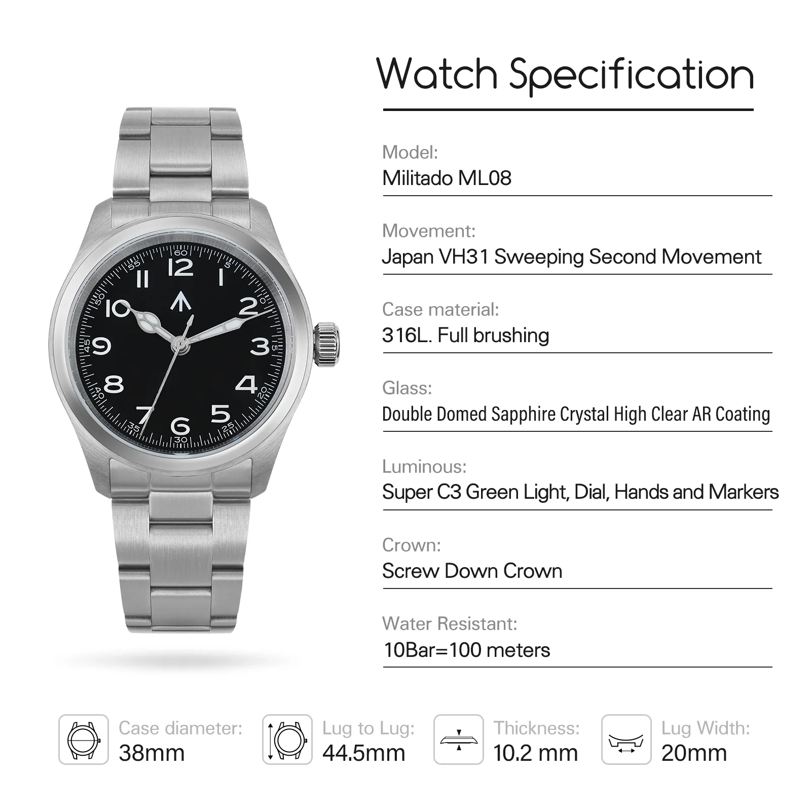 Militado VH31 38mm Field Watch ML08 - Image 81